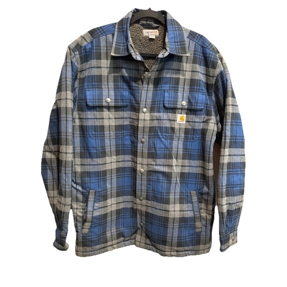 Carhartt Other - Carhartt Shirt Jacket Mens Lg Blue Plaid Sherpa Lined Flannel Snap Front 103821